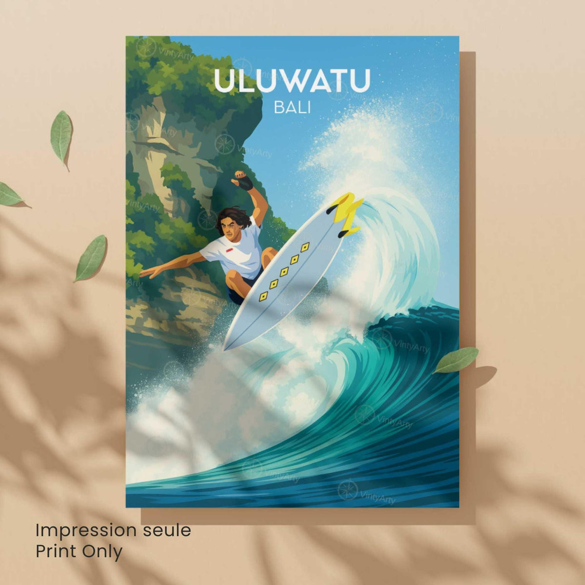Affiche Pipeline Hawaii, poster voyage surf tube tiki tropical