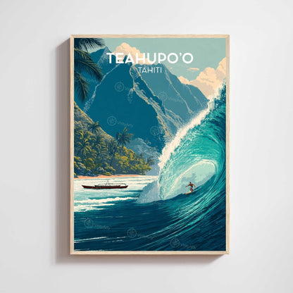 Teahupoo Tahiti print, surfer inside barrel of huge wave below green mountains, big wave travel poster