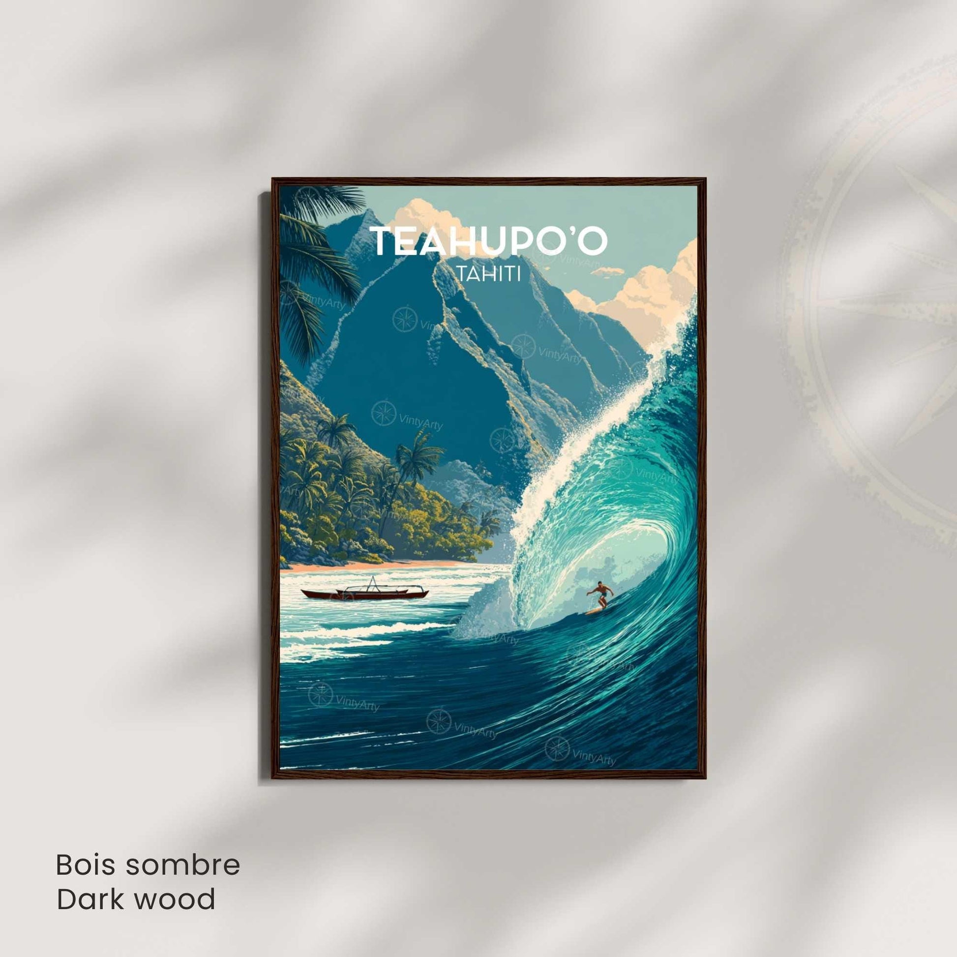 Affiche Teahupoo Tahiti, poster voyage surf grosse vague tropicale