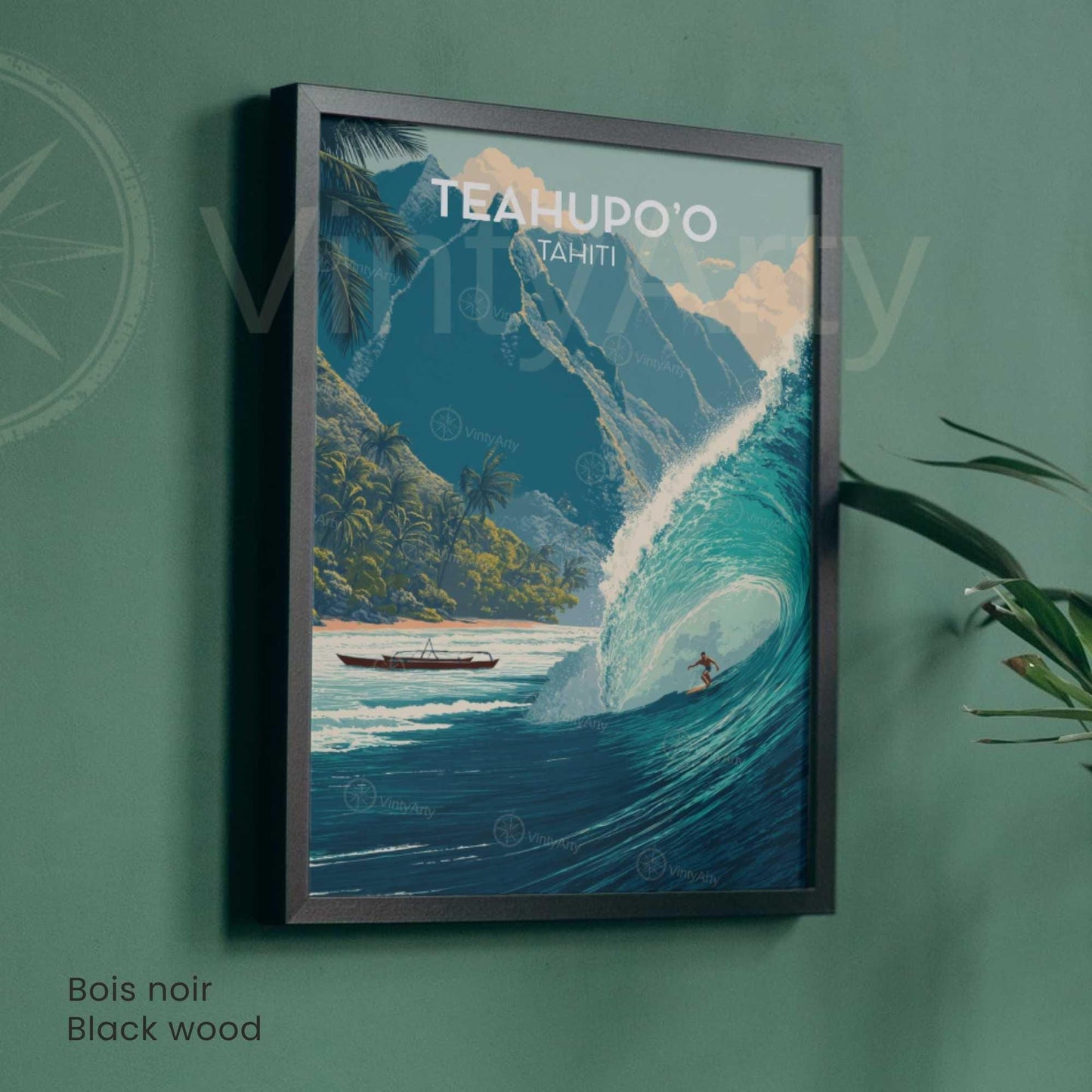 Teahupoo surf poster Tahiti, surfer in giant tube wave mountains canoe, natural wood frame travel wall art
