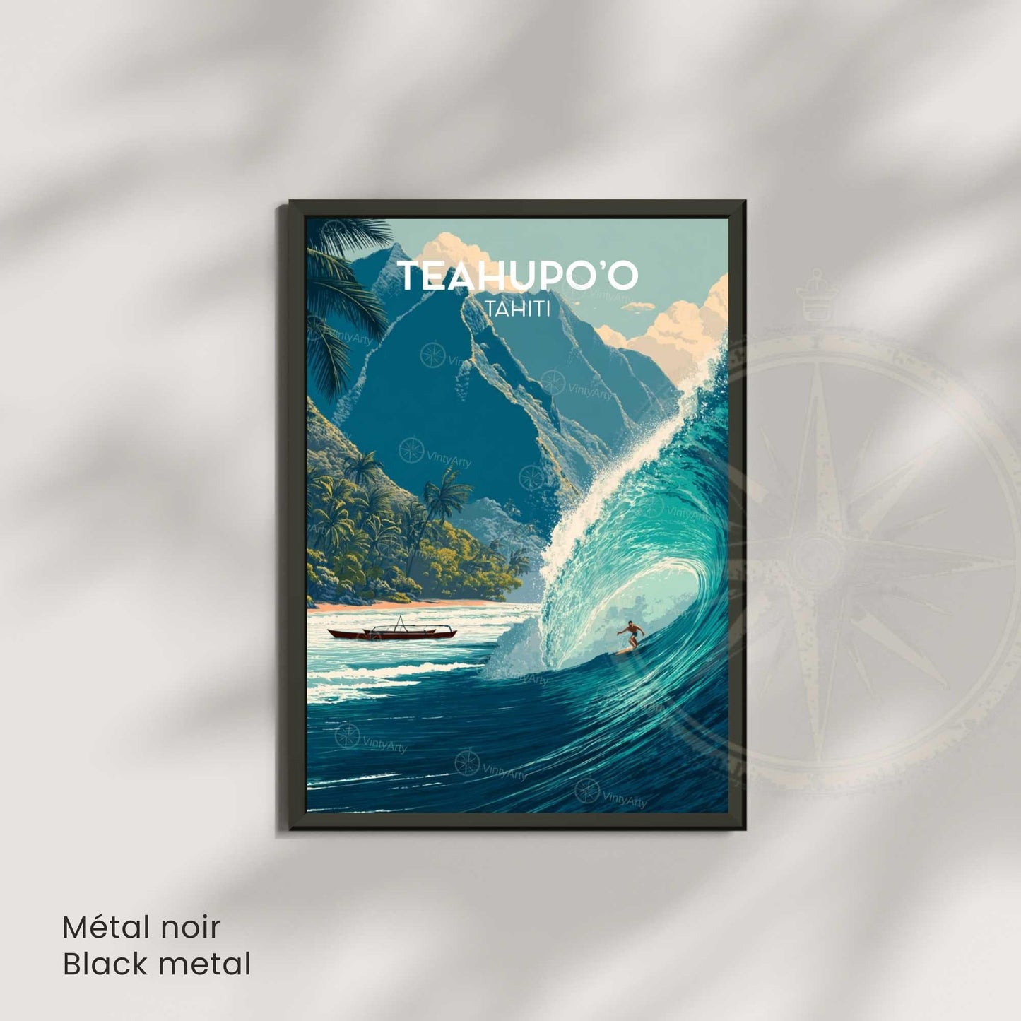 Affiche Teahupoo Tahiti, poster voyage surf grosse vague tropicale