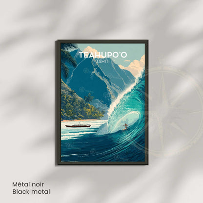 Affiche Teahupoo Tahiti, poster voyage surf grosse vague tropicale