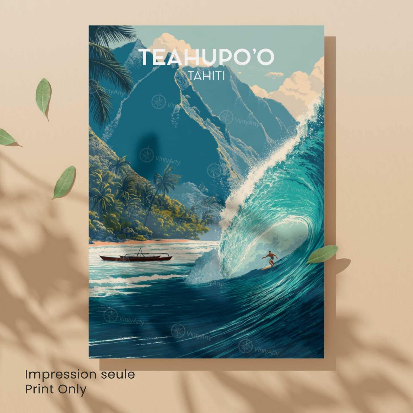 Big wave surf travel poster unframed, Teahupoo Tahiti surfer barrel mountains print