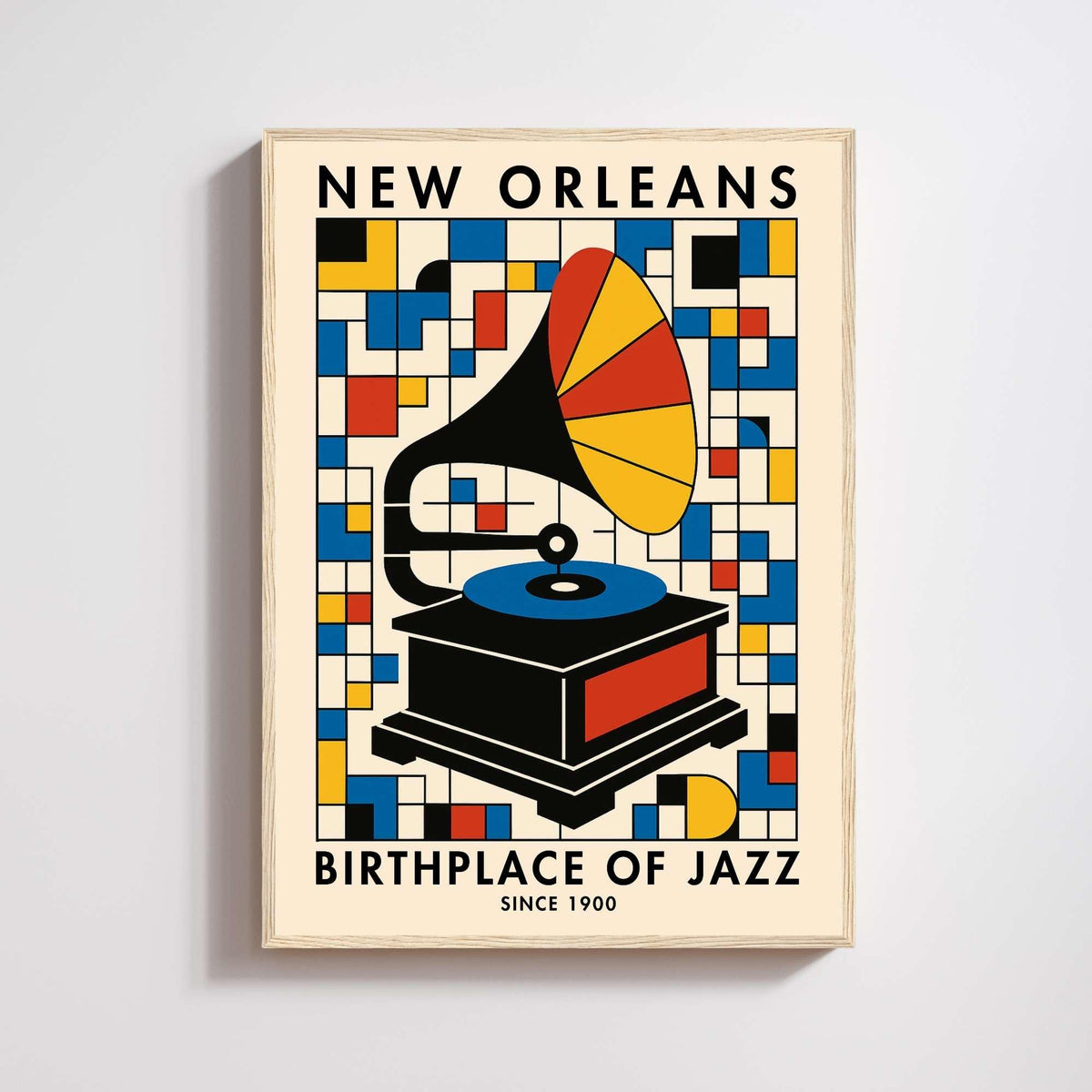 New Orleans jazz print, retro gramophone on colorful geometric Mondrian background, music wall art