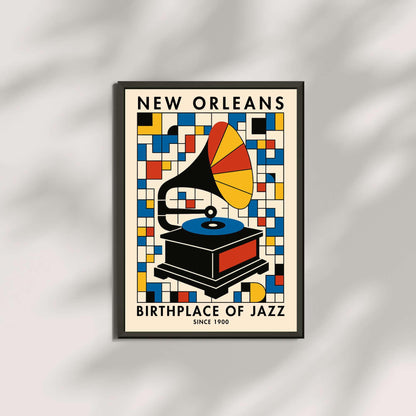 Affiche New Orleans jazz gramophone, poster musique rétro Bauhaus coloré