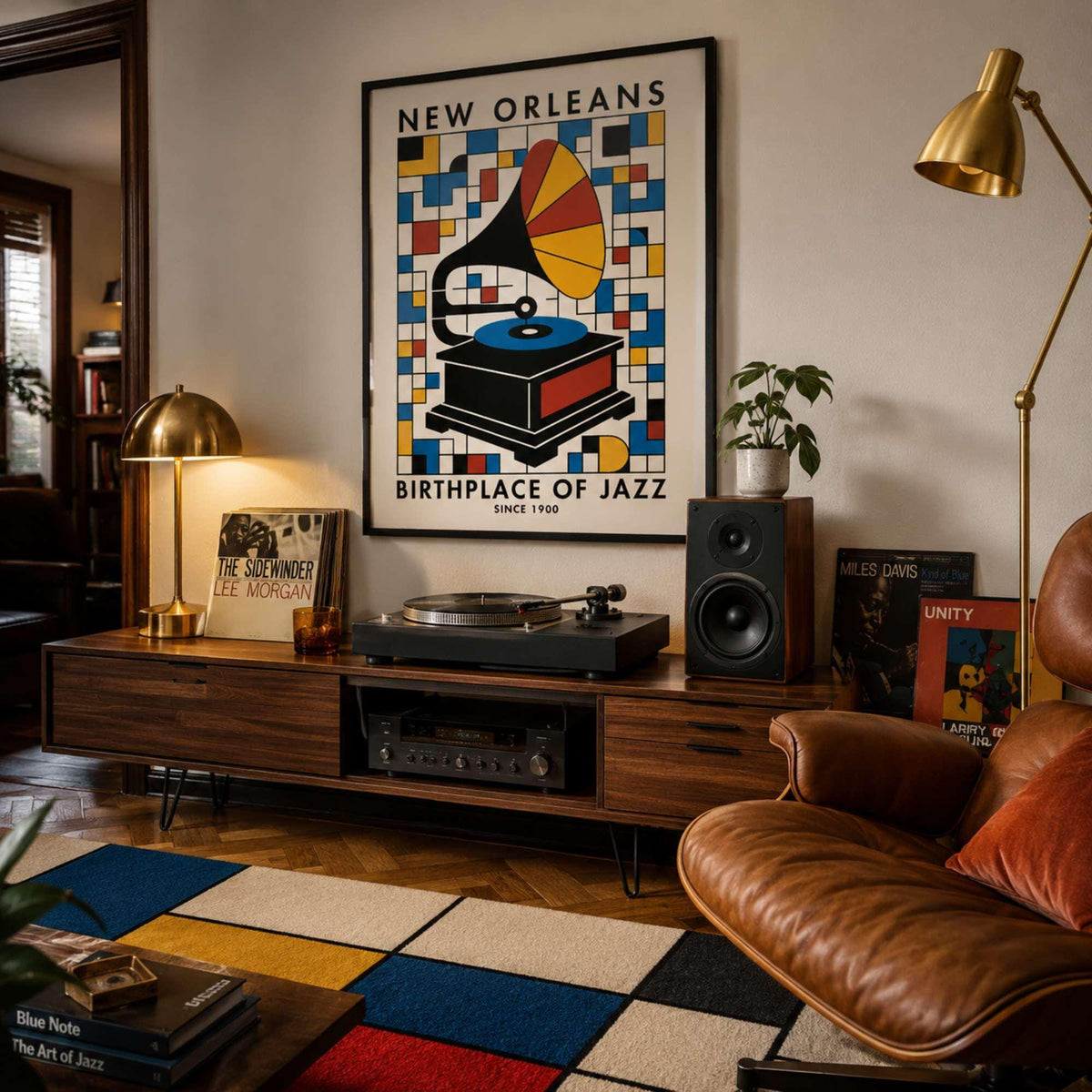 New Orleans birthplace of jazz poster, gramophone red blue yellow squares, natural wood frame music decor