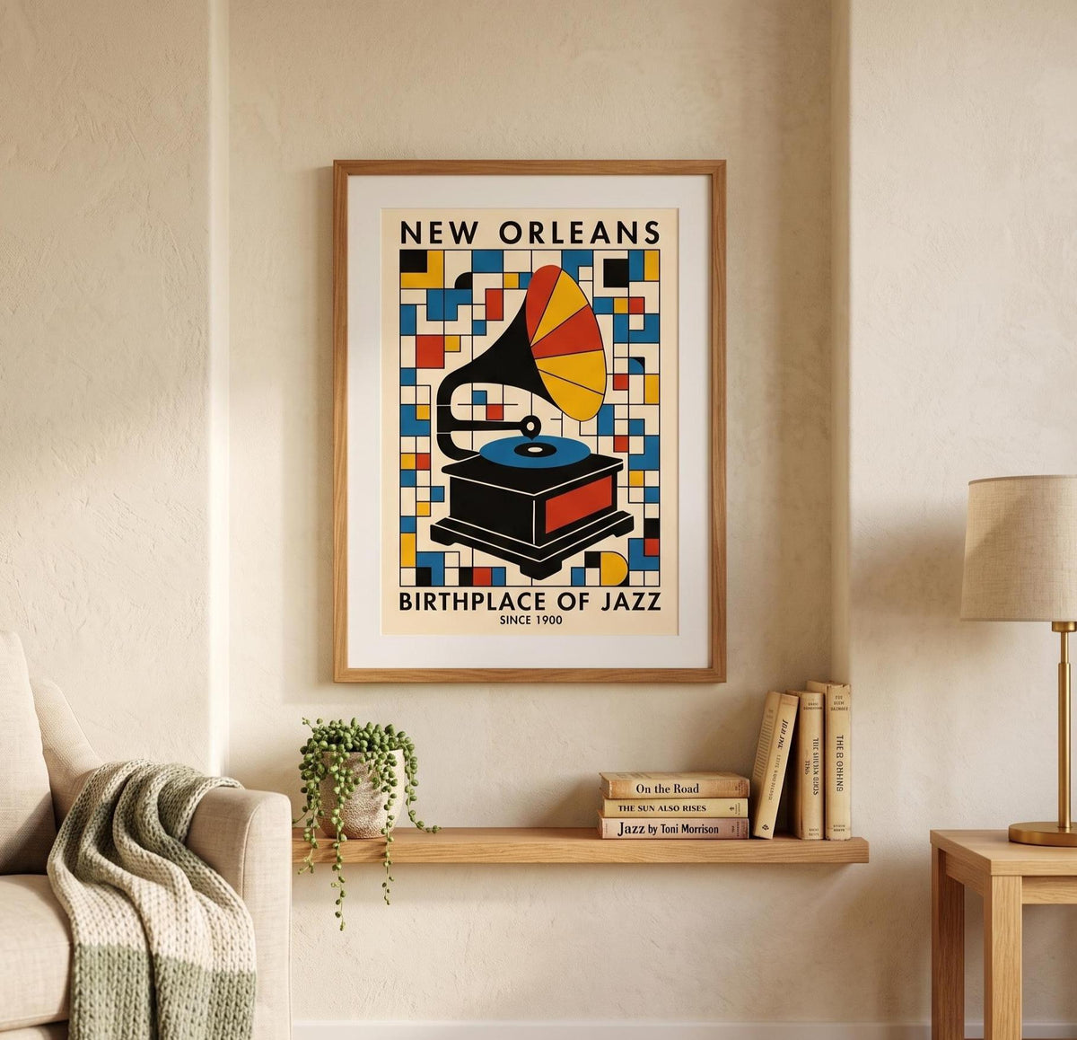 Retro jazz music poster unframed, New Orleans gramophone geometric colorful print