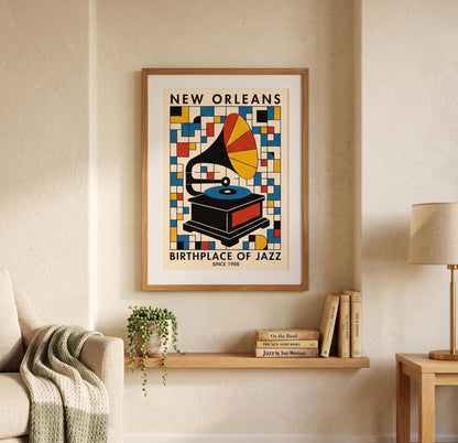 Retro jazz music poster unframed, New Orleans gramophone geometric colorful print