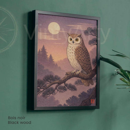 Japanese owl moonlight poster, owl pine branch misty forest, natural wood frame ukiyo-e decor