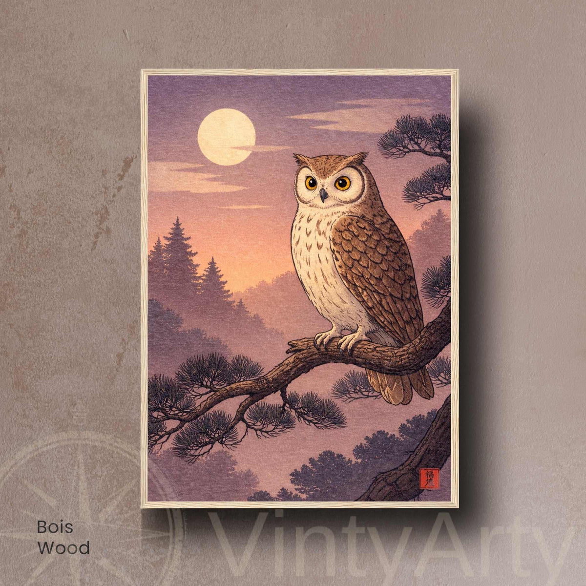 Affiche hibou japonais clair de lune, art mural estampe ukiyo-e traditionnel