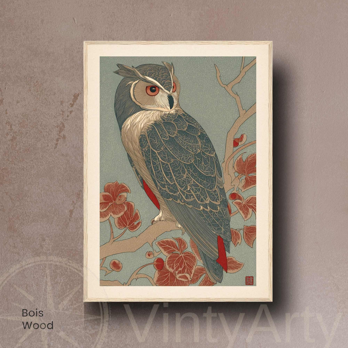 Affiche hibou japonais clair de lune, art mural estampe ukiyo-e traditionnel