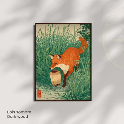 Affiche renard japonais avec lanterne, poster nature vintage, art mural inspiration ukiyo-e