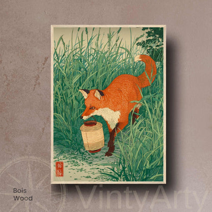 Affiche renard japonais avec lanterne, poster nature vintage, art mural inspiration ukiyo-e