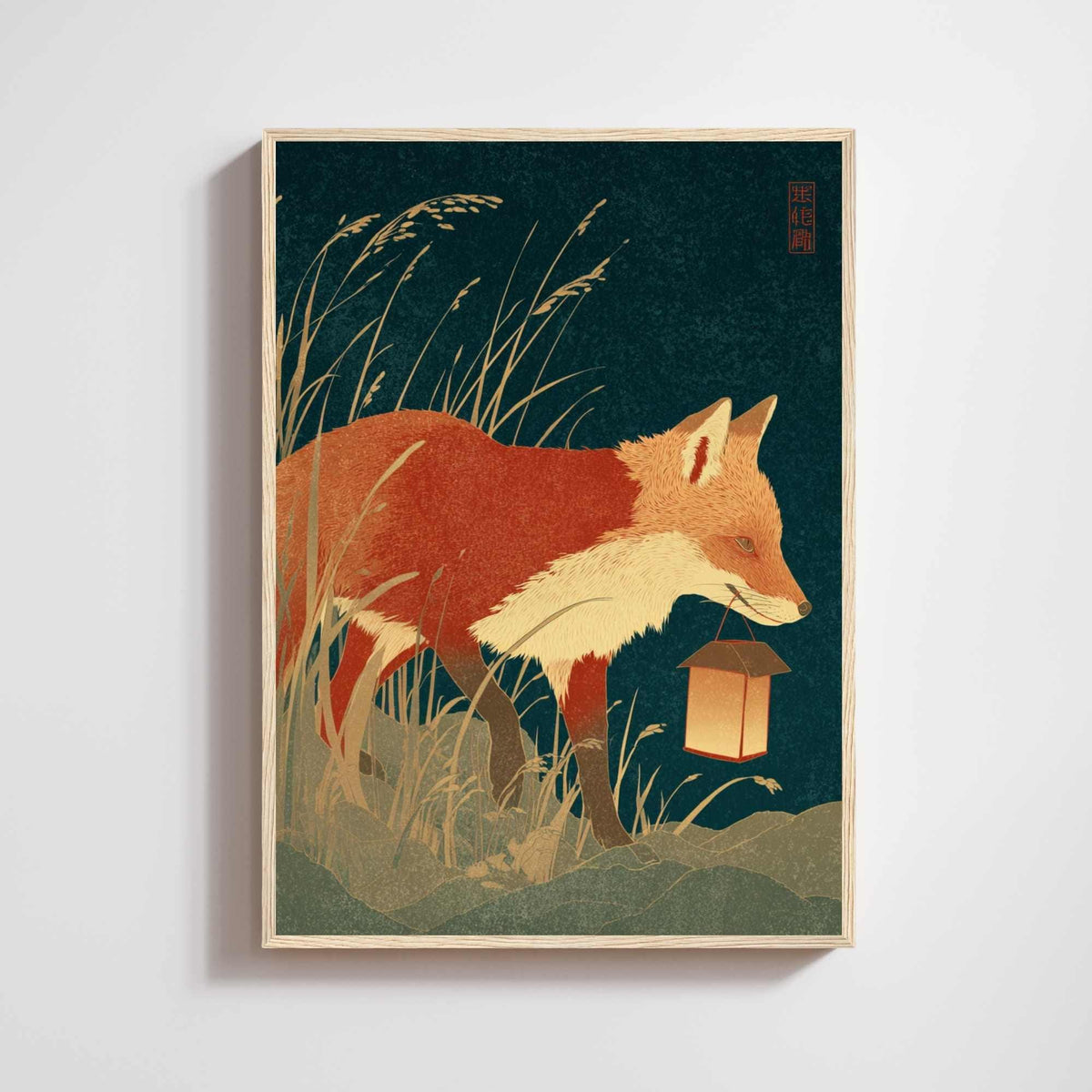 Affiche renard à la lanterne, poster nocturne bleu nuit, illustration japonaise vintage