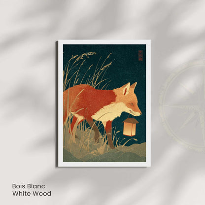 Affiche renard à la lanterne, poster nocturne bleu nuit, illustration japonaise vintage