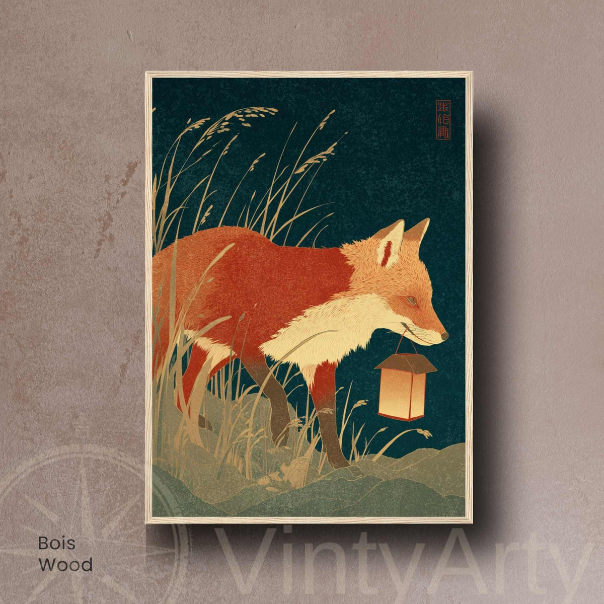 Affiche renard à la lanterne, poster nocturne bleu nuit, illustration japonaise vintage
