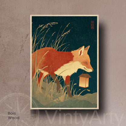 Affiche renard à la lanterne, poster nocturne bleu nuit, illustration japonaise vintage