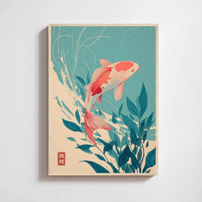 Affiche carpe koi japonaise, poster aquatique turquoise, art mural zen inspiration estampe