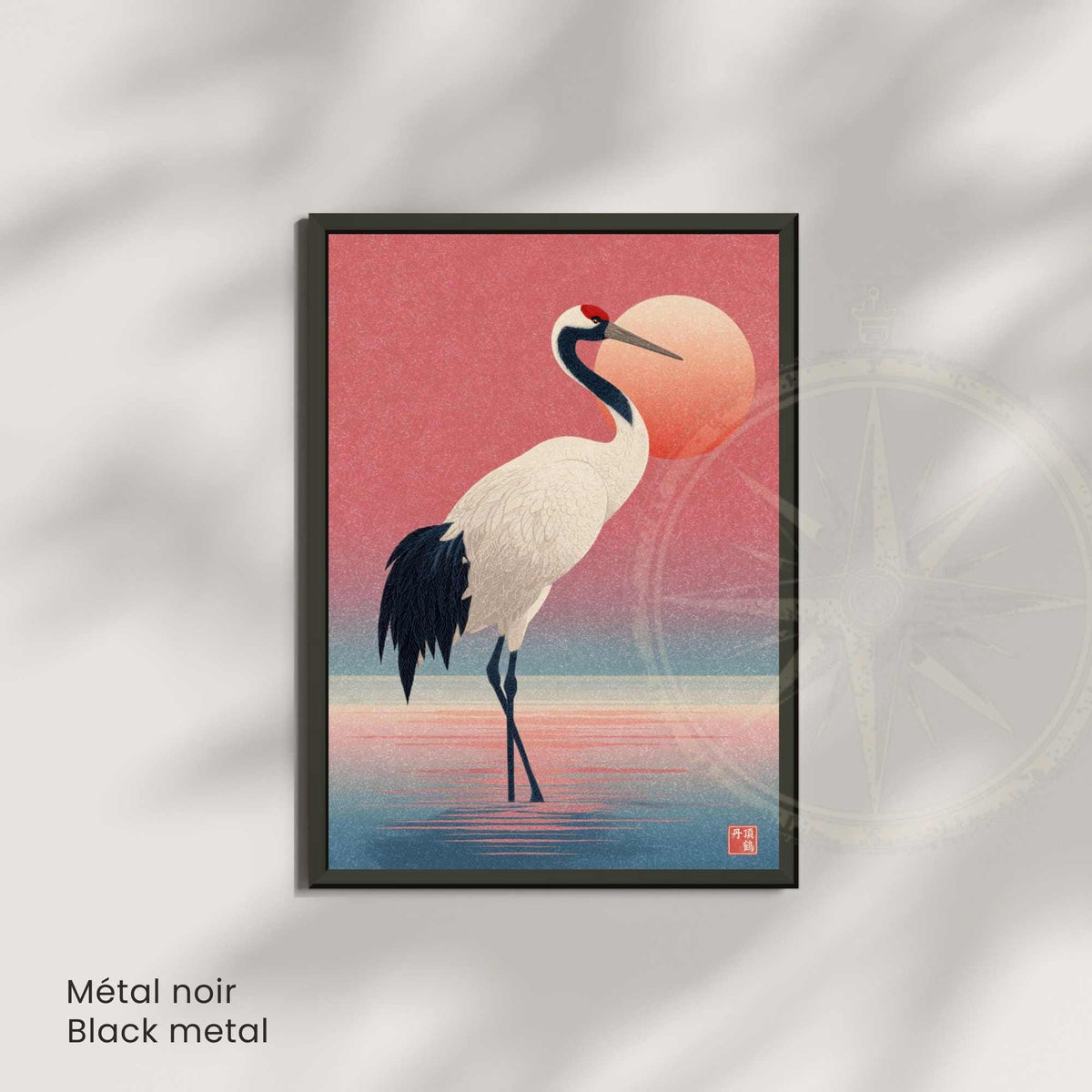Affiche grue à couronne rouge, poster japonais rose, décoration murale zen oiseau et soleil