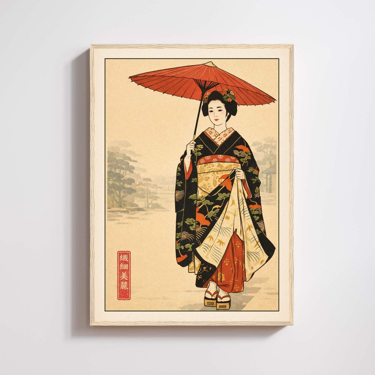 Affiche femme japonaise en kimono, ombrelle rouge, art mural vintage inspiration estampe