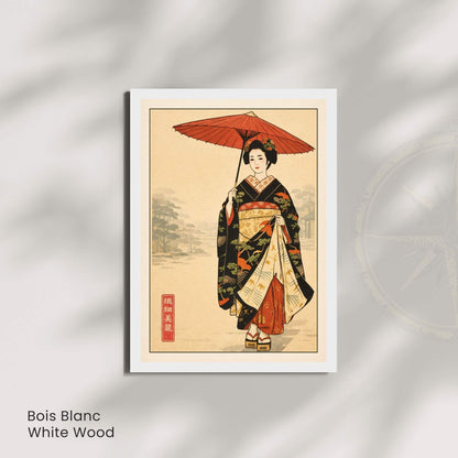 Affiche femme japonaise en kimono, ombrelle rouge, art mural vintage inspiration estampe