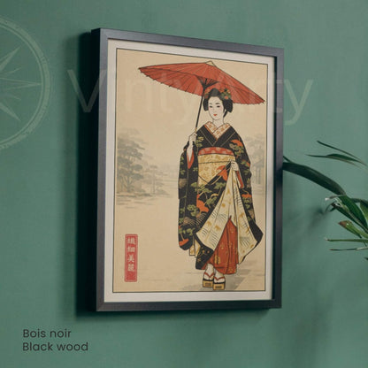 Affiche femme japonaise en kimono, ombrelle rouge, art mural vintage inspiration estampe