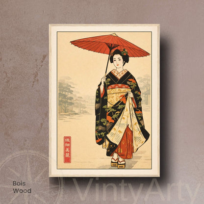 Affiche femme japonaise en kimono, ombrelle rouge, art mural vintage inspiration estampe