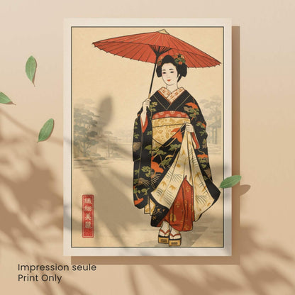 Affiche femme japonaise en kimono, ombrelle rouge, art mural vintage inspiration estampe