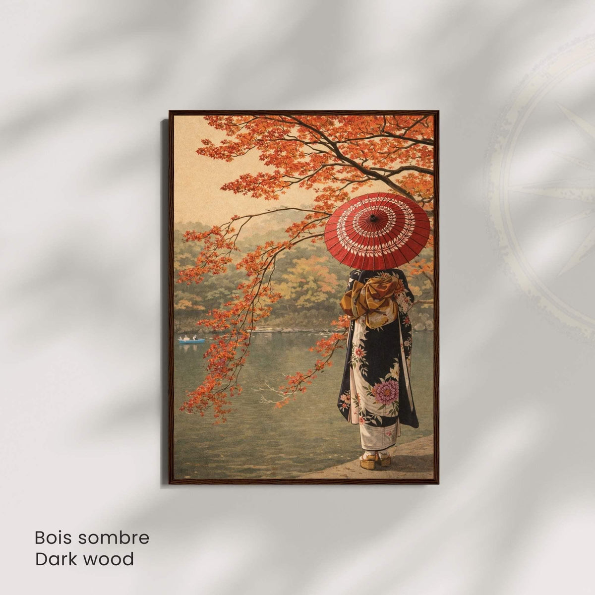 Affiche automne japonais au lac, femme en kimono de dos, ombrelle rouge et érables