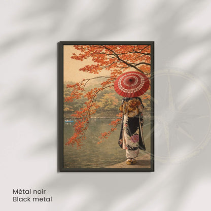 Affiche automne japonais au lac, femme en kimono de dos, ombrelle rouge et érables