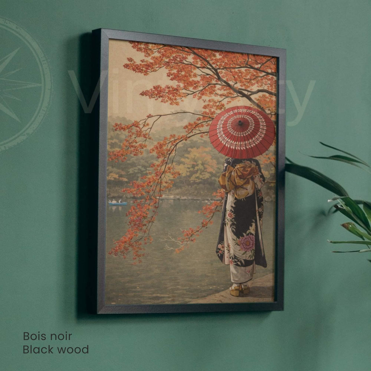 Affiche automne japonais au lac, femme en kimono de dos, ombrelle rouge et érables