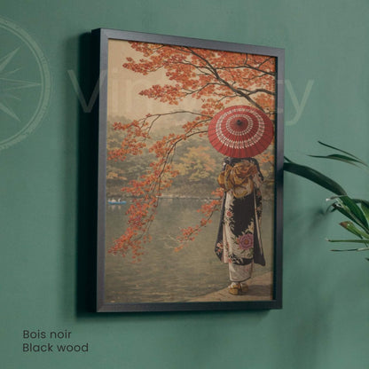 Affiche automne japonais au lac, femme en kimono de dos, ombrelle rouge et érables