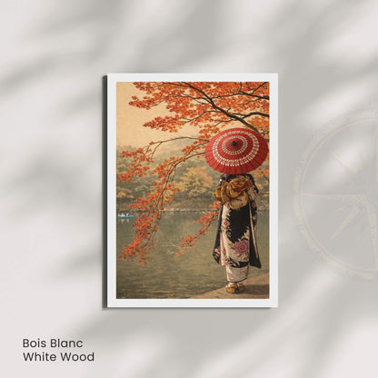 Affiche automne japonais au lac, femme en kimono de dos, ombrelle rouge et érables