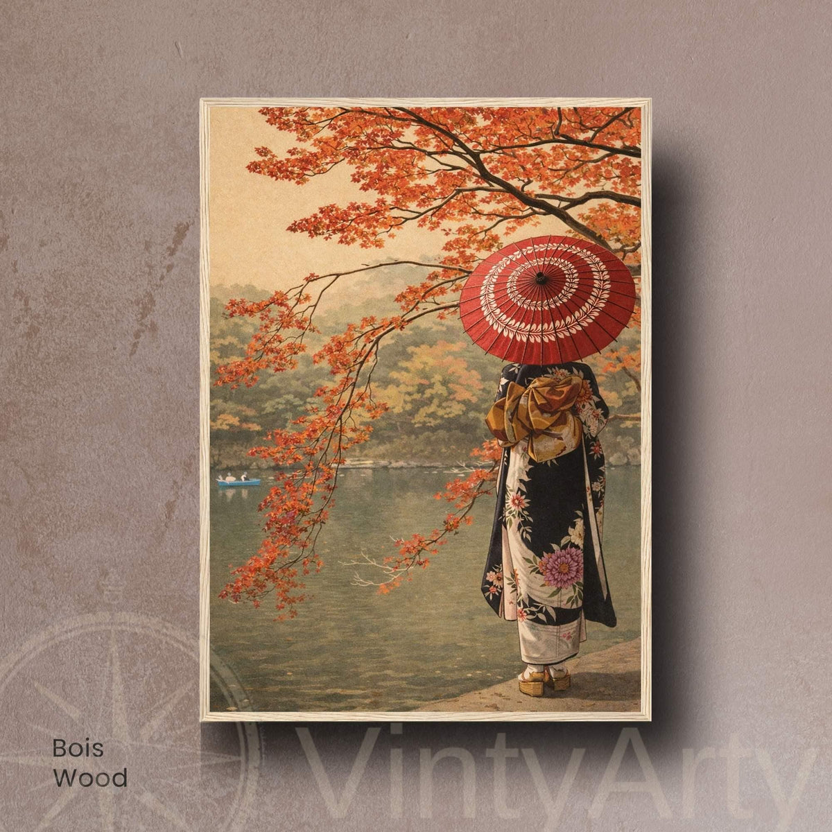 Affiche japonaise avec femme en kimono vue de dos sous une ombrelle rouge au bord d’un lac en automne