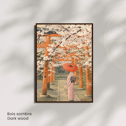 Affiche japonaise sakura et torii, femme en kimono avec ombrelle rouge, poster vintage Kyoto