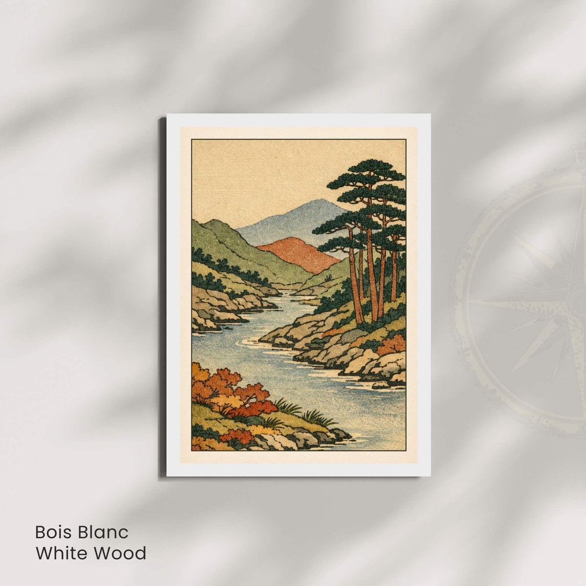 Affiche paysage japonais rivière et pins, estampe vintage, décoration murale zen