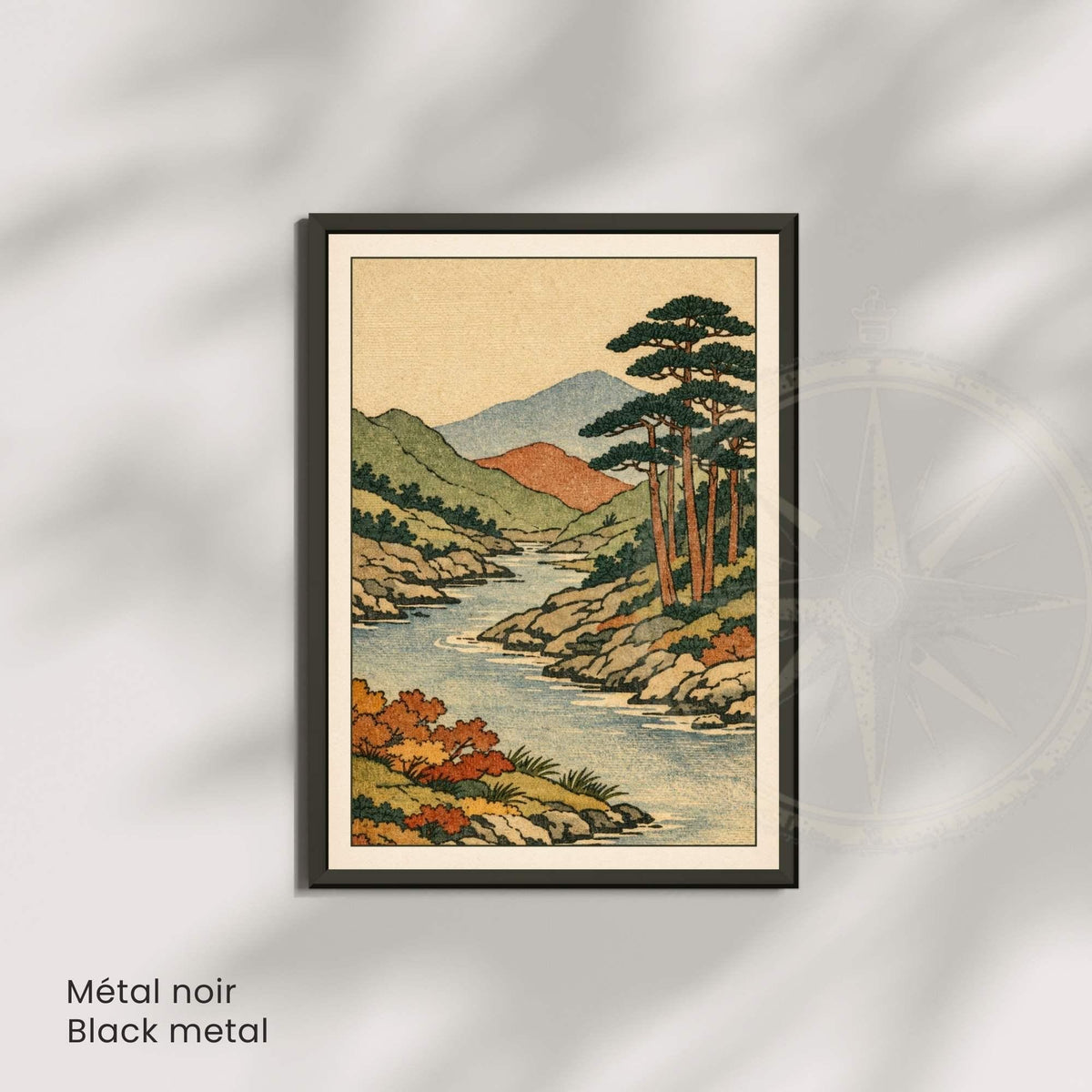 Affiche paysage japonais rivière et pins, estampe vintage, décoration murale zen