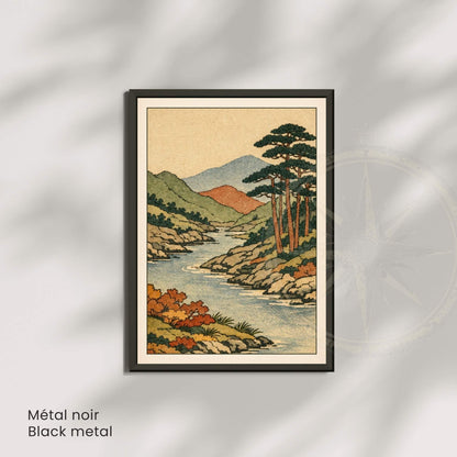 Affiche paysage japonais rivière et pins, estampe vintage, décoration murale zen
