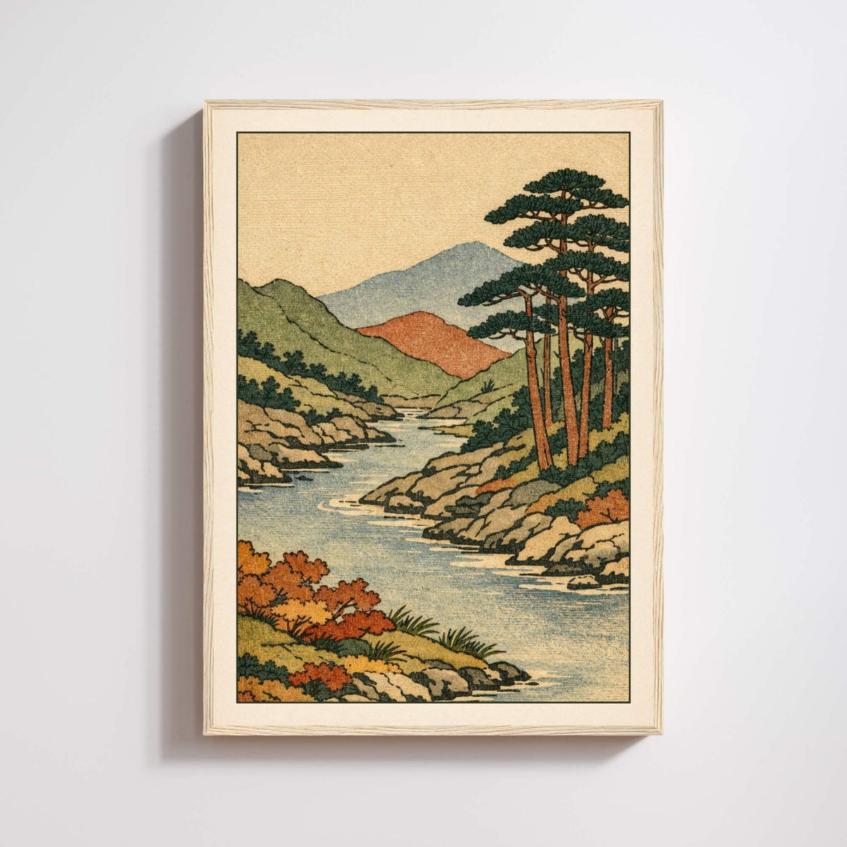 Affiche paysage japonais rivière et pins, estampe vintage, décoration murale zen