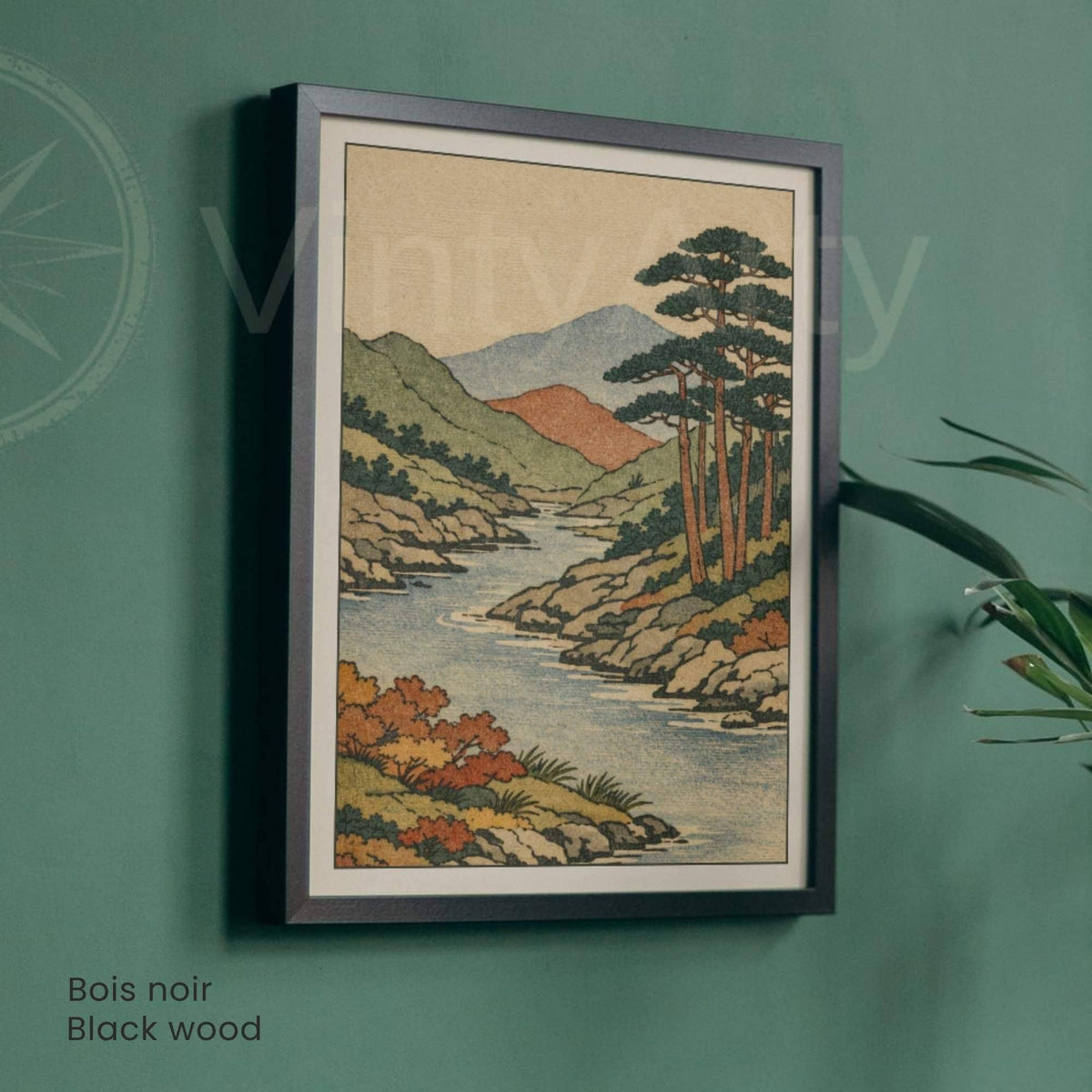 Affiche paysage japonais rivière et pins, estampe vintage, décoration murale zen