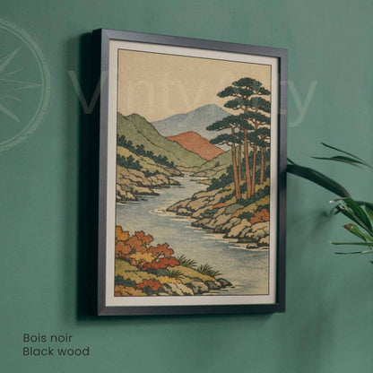 Affiche paysage japonais rivière et pins, estampe vintage, décoration murale zen