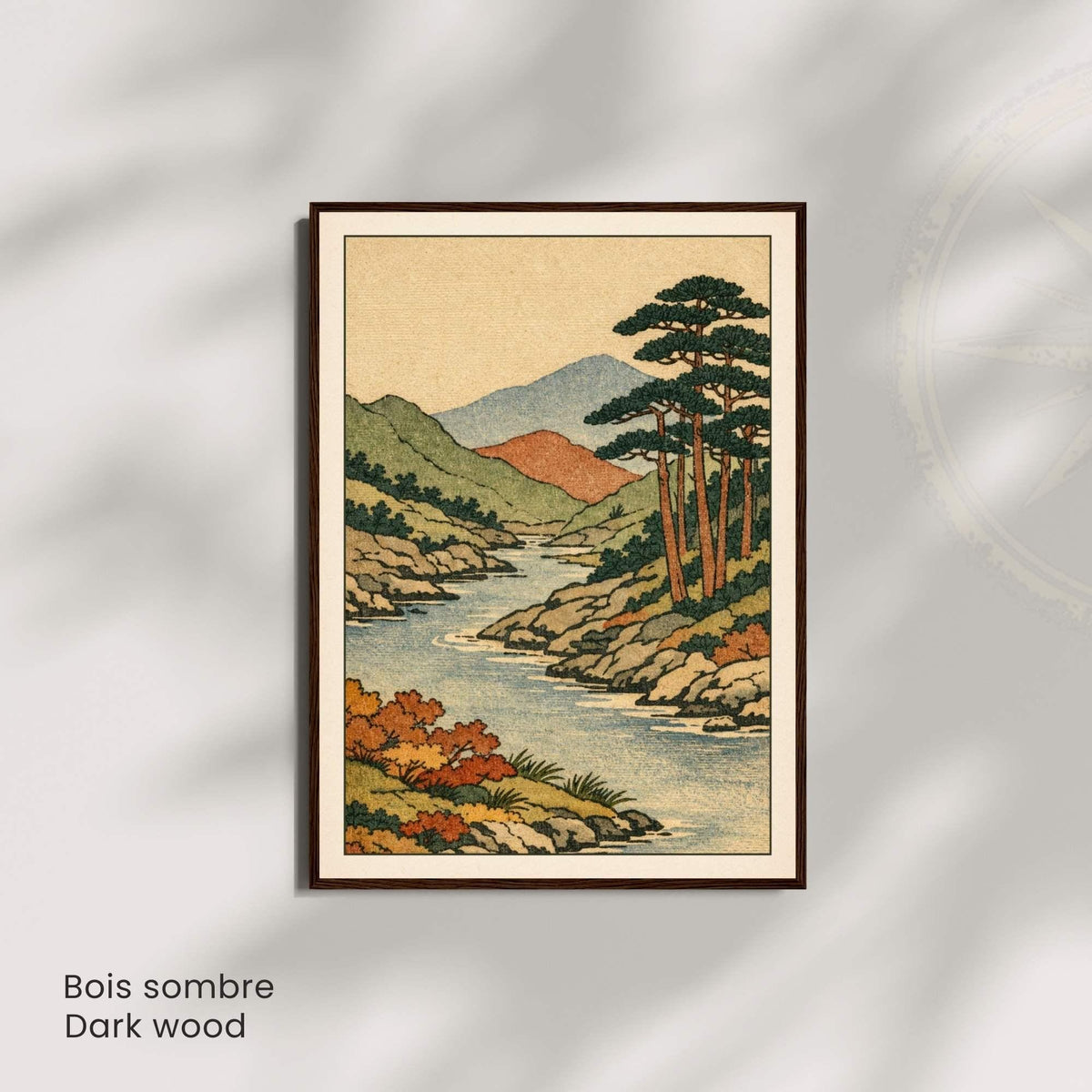 Affiche paysage japonais rivière et pins, estampe vintage, décoration murale zen