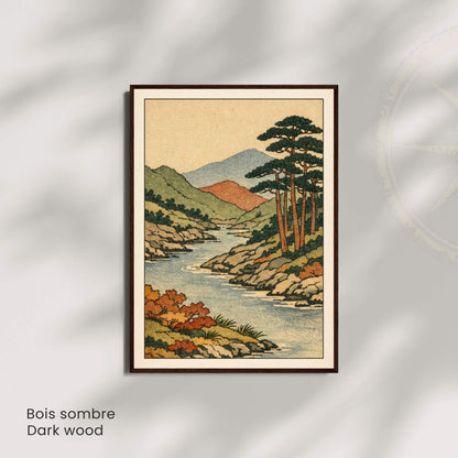 Affiche paysage japonais rivière et pins, estampe vintage, décoration murale zen