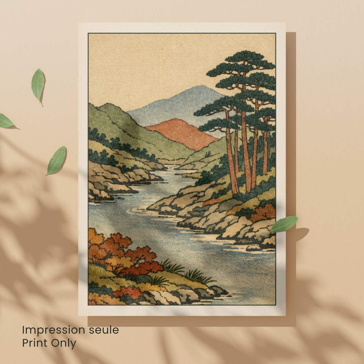Affiche paysage japonais rivière et pins, estampe vintage, décoration murale zen
