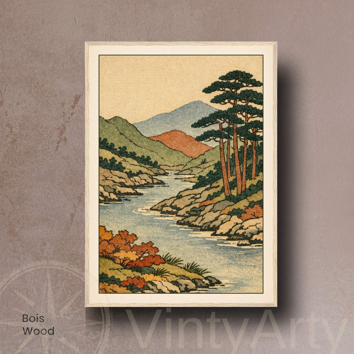 Affiche paysage japonais rivière et pins, estampe vintage, décoration murale zen