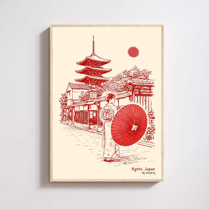 Affiche Kyoto Japon en rouge et crème avec femme en kimono, ombrelle traditionnelle et pagode japonaise dans un cadre en bois clair