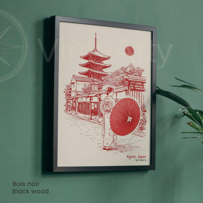 Affiche Kyoto Japon, femme en kimono, ombrelle rouge et pagode, poster vintage