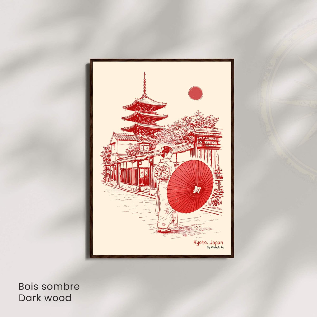 Affiche Kyoto Japon, femme en kimono, ombrelle rouge et pagode, poster vintage