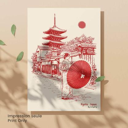 Affiche Kyoto Japon, femme en kimono, ombrelle rouge et pagode, poster vintage