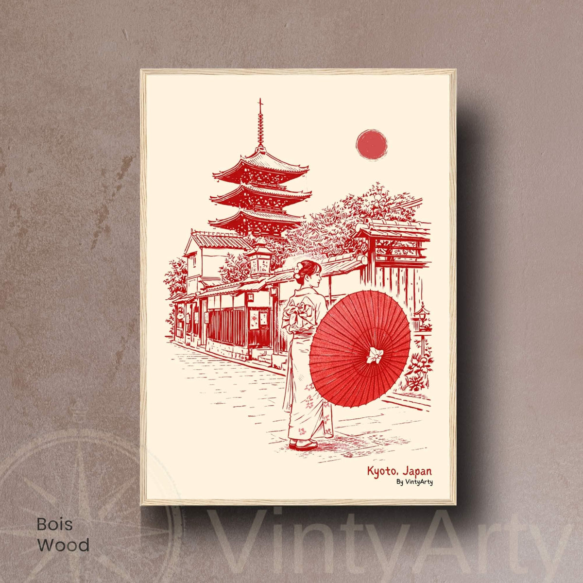 Affiche Kyoto Japon, femme en kimono, ombrelle rouge et pagode, poster vintage